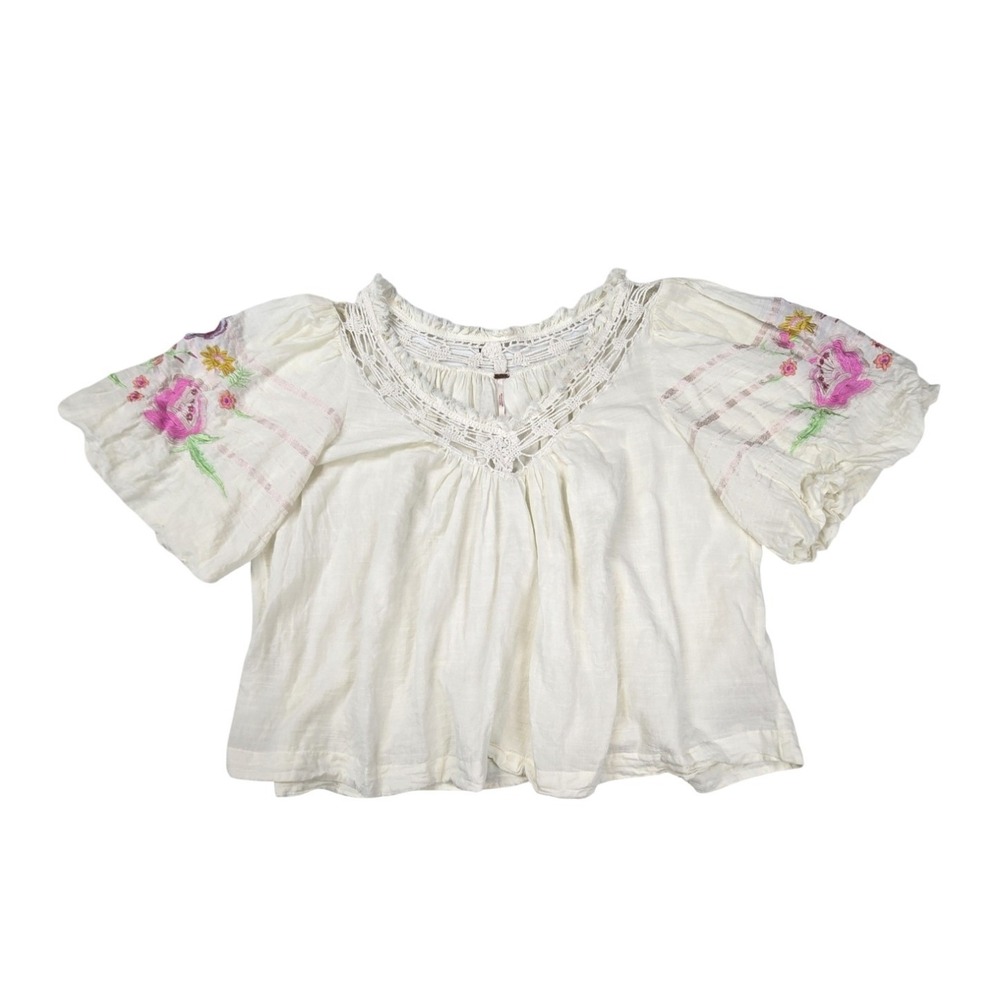 Free People Embroidered Floral Peasant Blouse Ivory Crochet Lace Top LG Boho